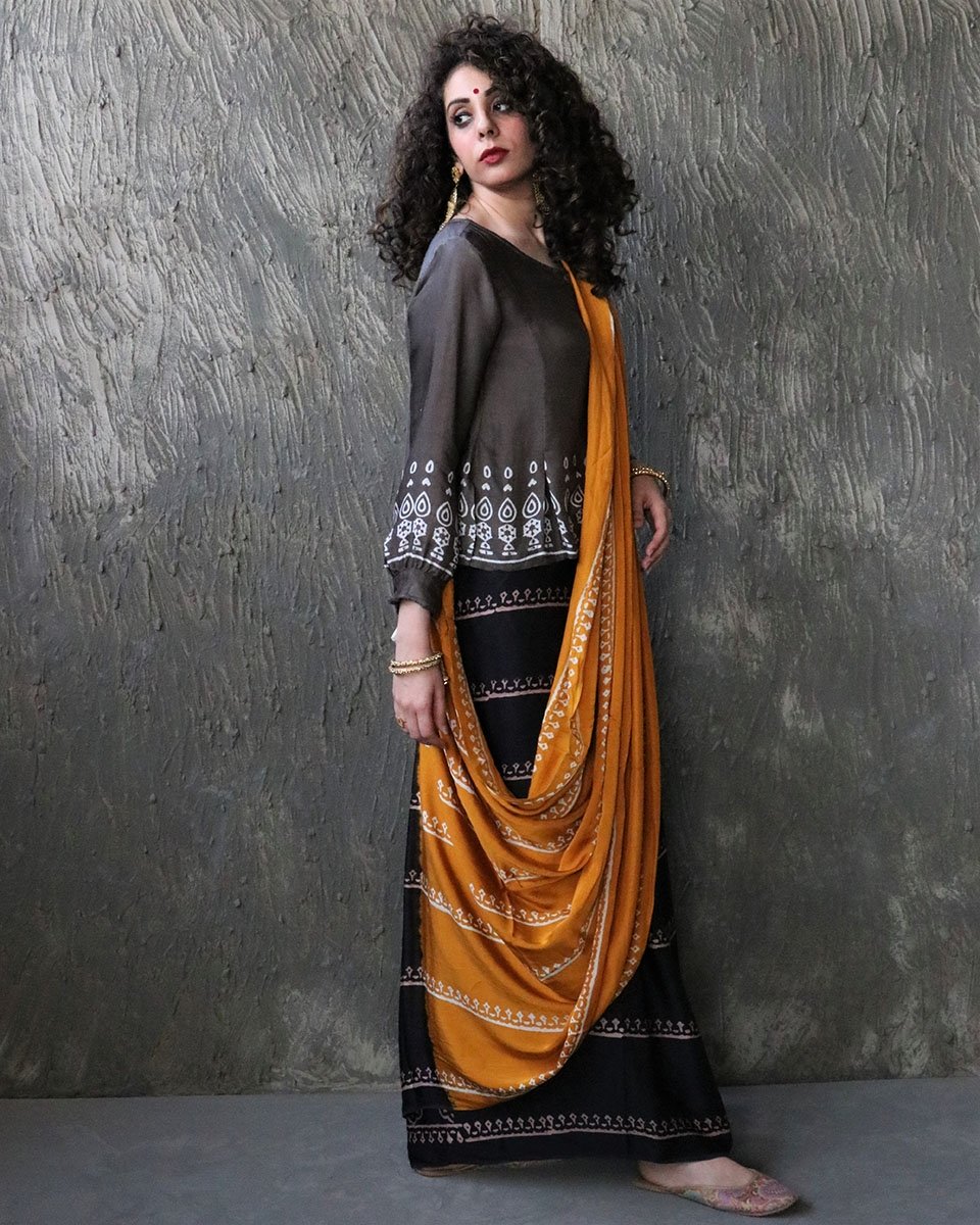 Yellow-Black Blockprinted Modal Silk Saree