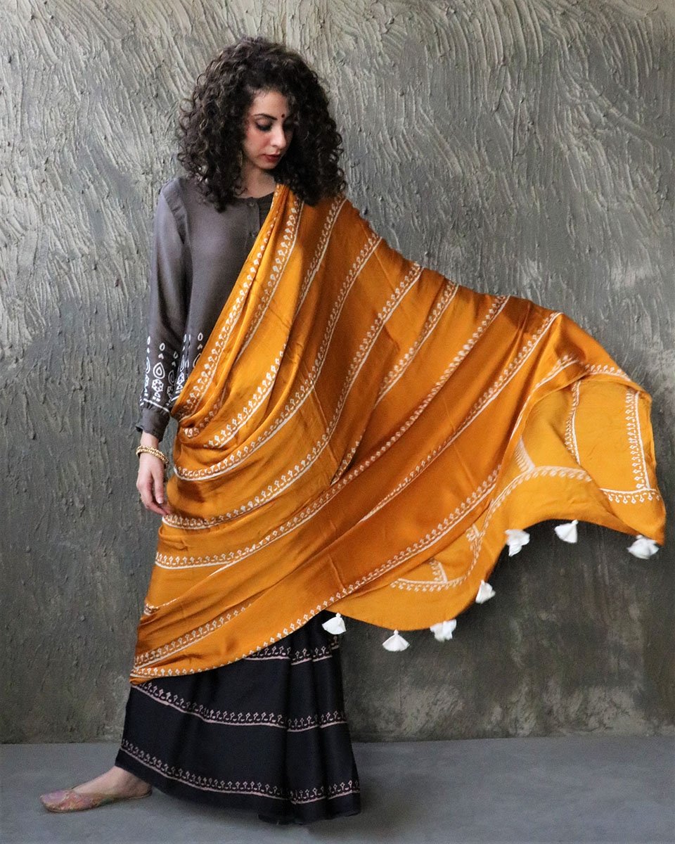 Yellow-Black Blockprinted Modal Silk Saree