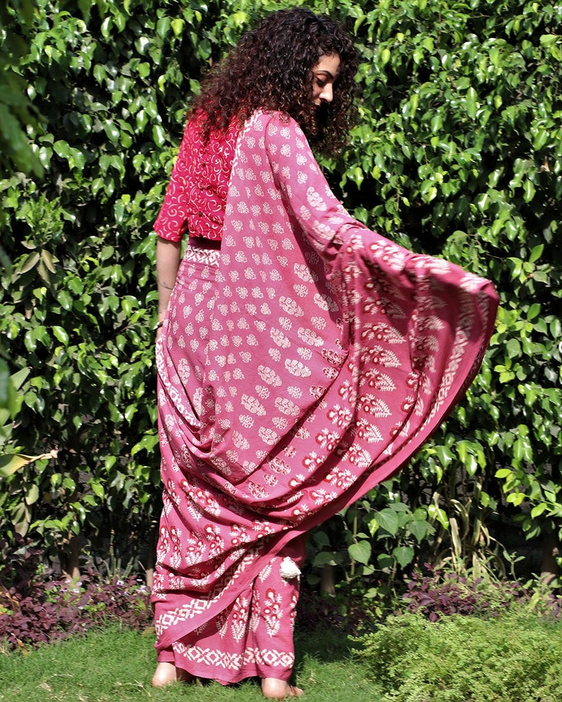 Pink Blockprinted Cotton Mul Saree Gul
