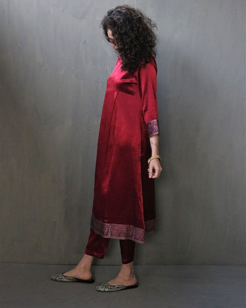 Maroon Handprinted Mashru Silk Dress