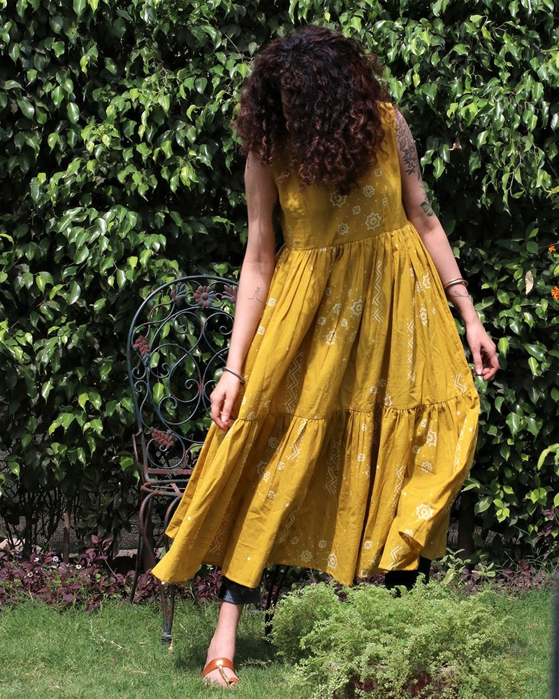 Yellow Blockprinted Cotton Frill Dress