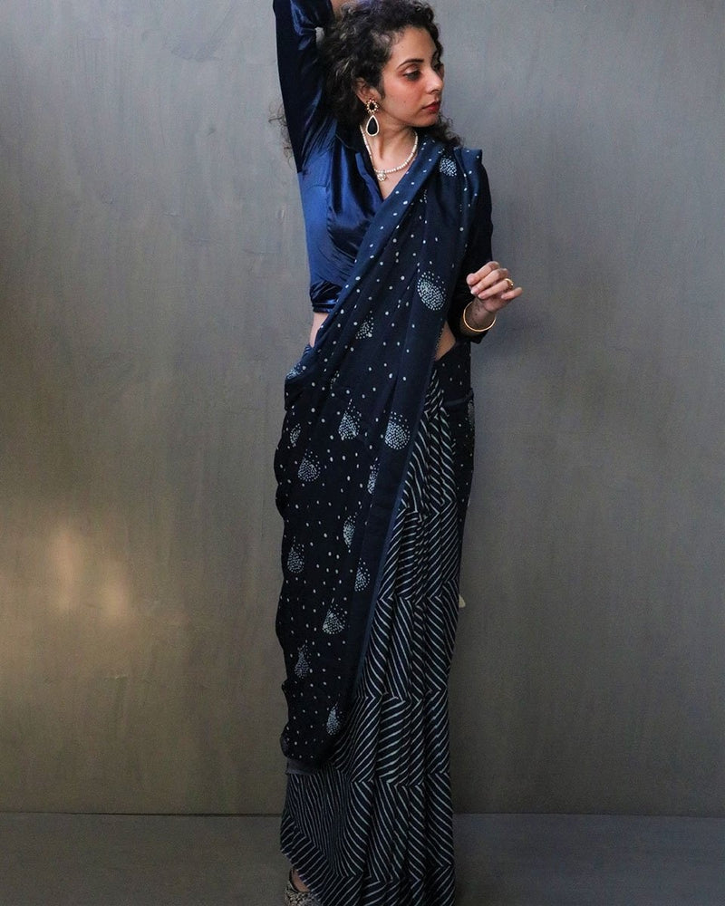 Blue Luna Block Printed Modal Silk Saree