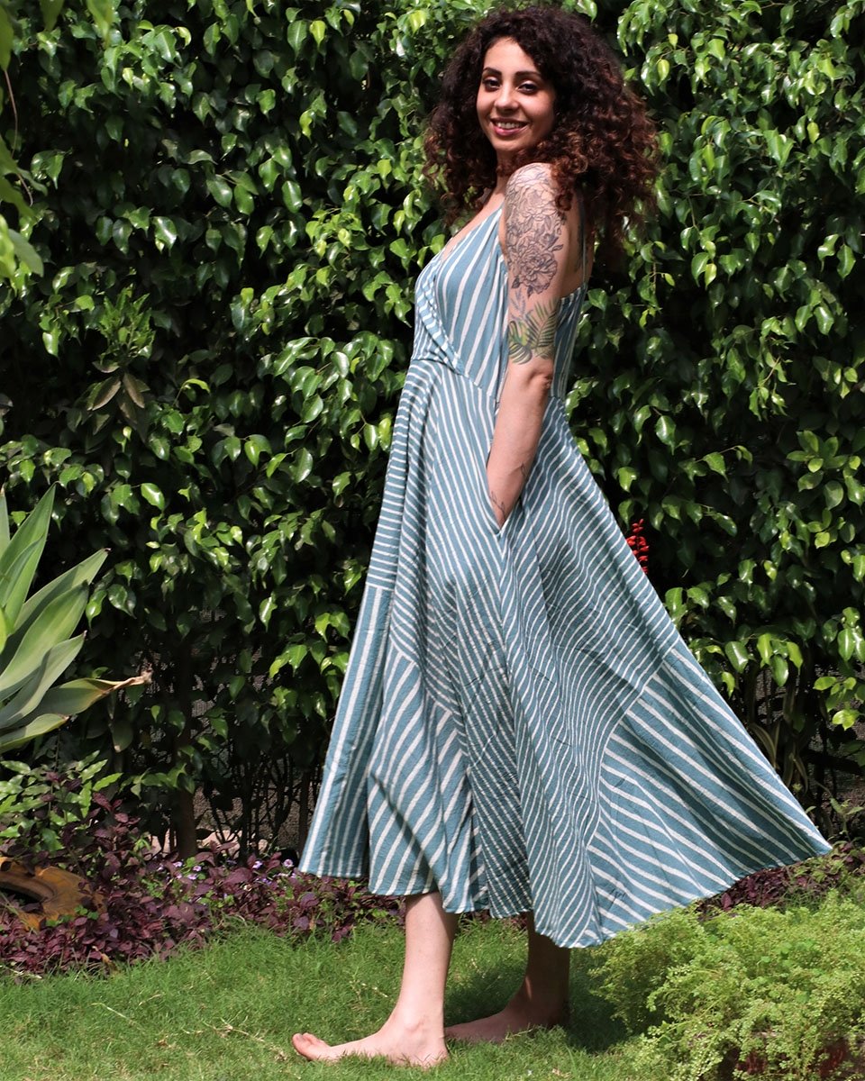 Steel Blue Blockprinted Cotton Sleevless Dress