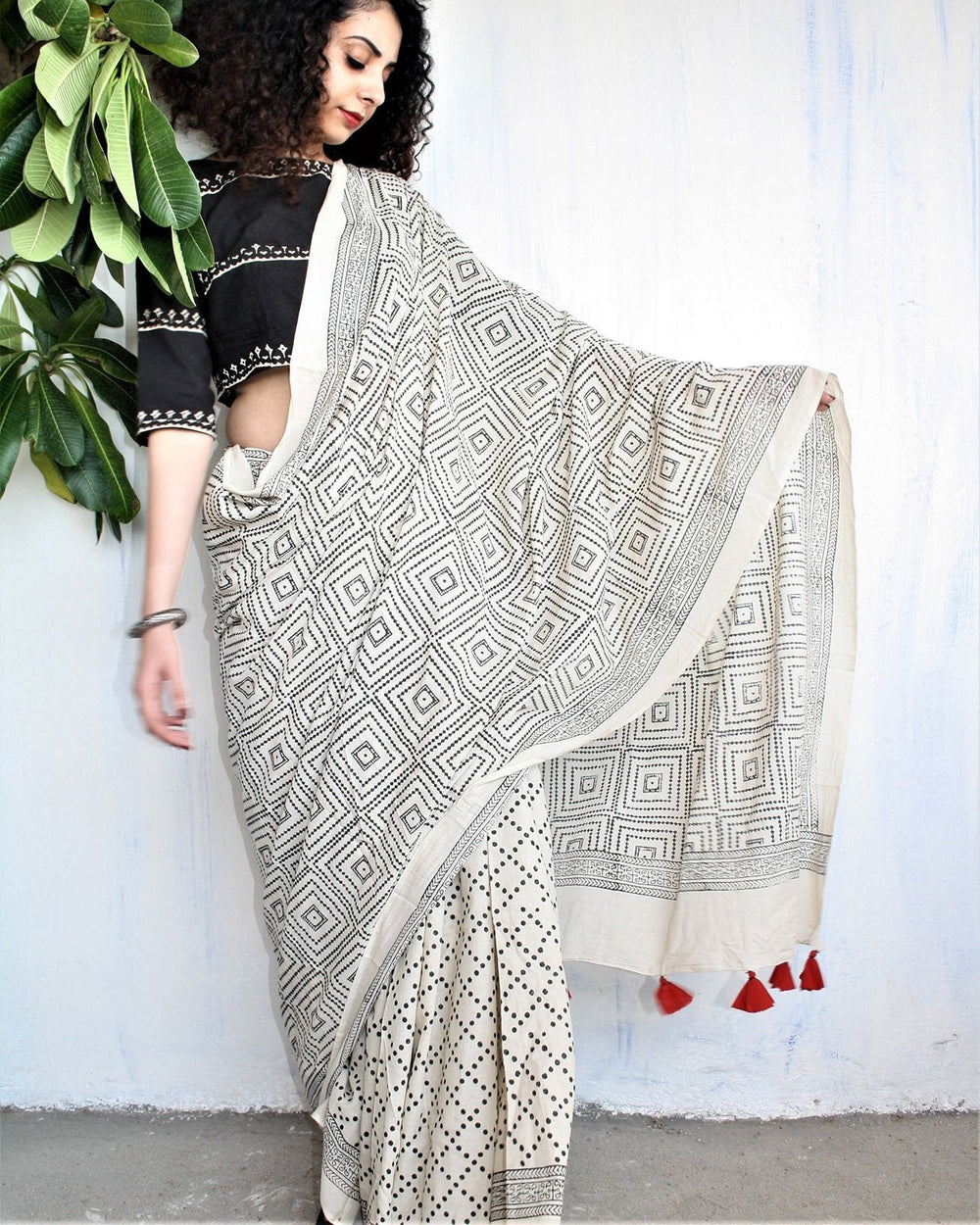 Ivory  Hand Block Butta Print Mul Saree with Blouse Piece