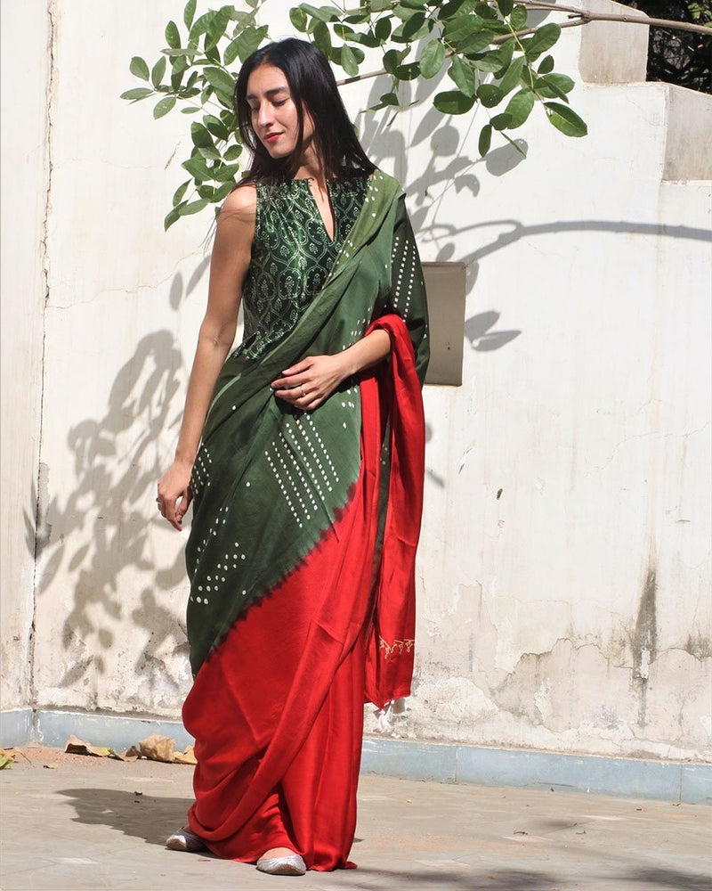 Red-Green Block Printed Modal Silk Saree